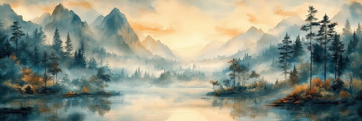 Beautiful sunrise in misty morning mountains in national park, Thailand. Mural