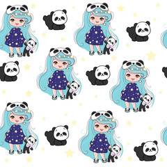 Cute cartoon little girl with panda on a white background seamless pattern. Anime style fashion trend. Vector illustration for kids
