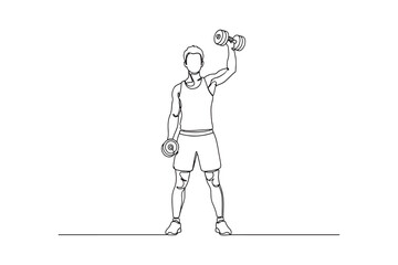  a minimalist line drawing shows a man lifting dumbbells, isolated on white background, showcasing a fitness workout