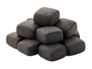 Dark square charcoal briquettes are stacked neatly in a small pile on a transparent background, isolated as a clean PNG image for various uses.