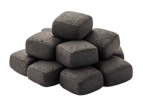 Dark square charcoal briquettes are stacked neatly in a small pile on a transparent background, isolated as a clean PNG image for various uses.