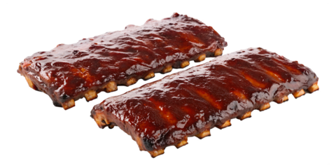 Two perfectly cooked barbecue ribs are glazed with a rich, dark sauce, appearing delicious and ready to eat on a transparent png isolated background.