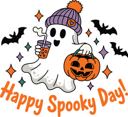 A whimsical Halloween greeting card design featuring a cute ghost in a beanie holding a pumpkin and drink.