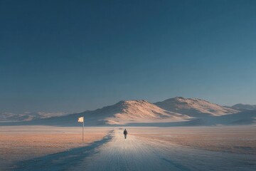 A vast desert landscape with a single flagpole casting a long shadow under the midday sun, dunes stretching endlessly