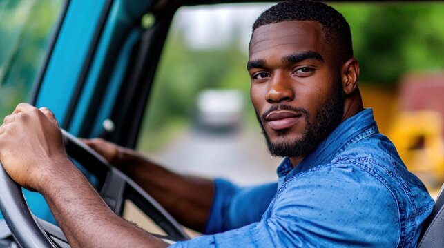 A focused portrait of a truck driver steering his vehicle, looking ahead.