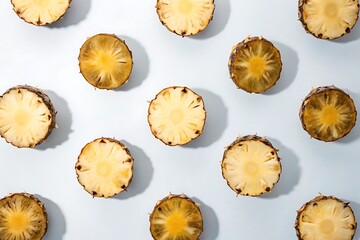 Flatlay of roasted pineapple slices on a light blue background; vibrant, summery, healthy food photography.