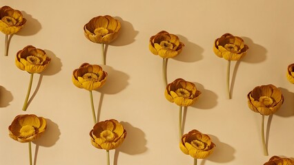 Golden Dried Flowers: Minimalist Beige Background, Soft Light, Elegant Floral Pattern, Botanical Art, Nature Photography.