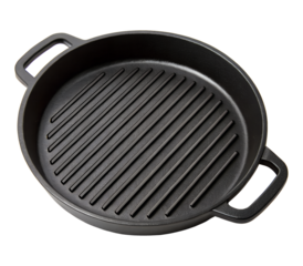 A robust black cast iron grill pan with a ridged cooking surface is isolated from above, presented on a transparent background. transparent, png, isolated.