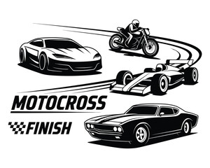 A black and white silhouette illustration set of transport vehicles and road elements vector collection.