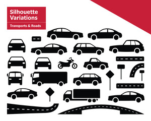 A black and white vector illustration of transport silhouettes. Set of car, bus, truck, and road icons for design.