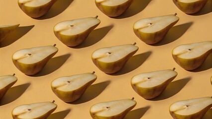 Halved Pears Minimalist Pattern: Vibrant Yellow Background, Modern Food Photography, Fresh and Clean Aesthetic.