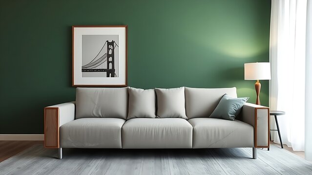 Contemporary living space with a green accent wall, modern furniture, and uncluttered aesthetic.