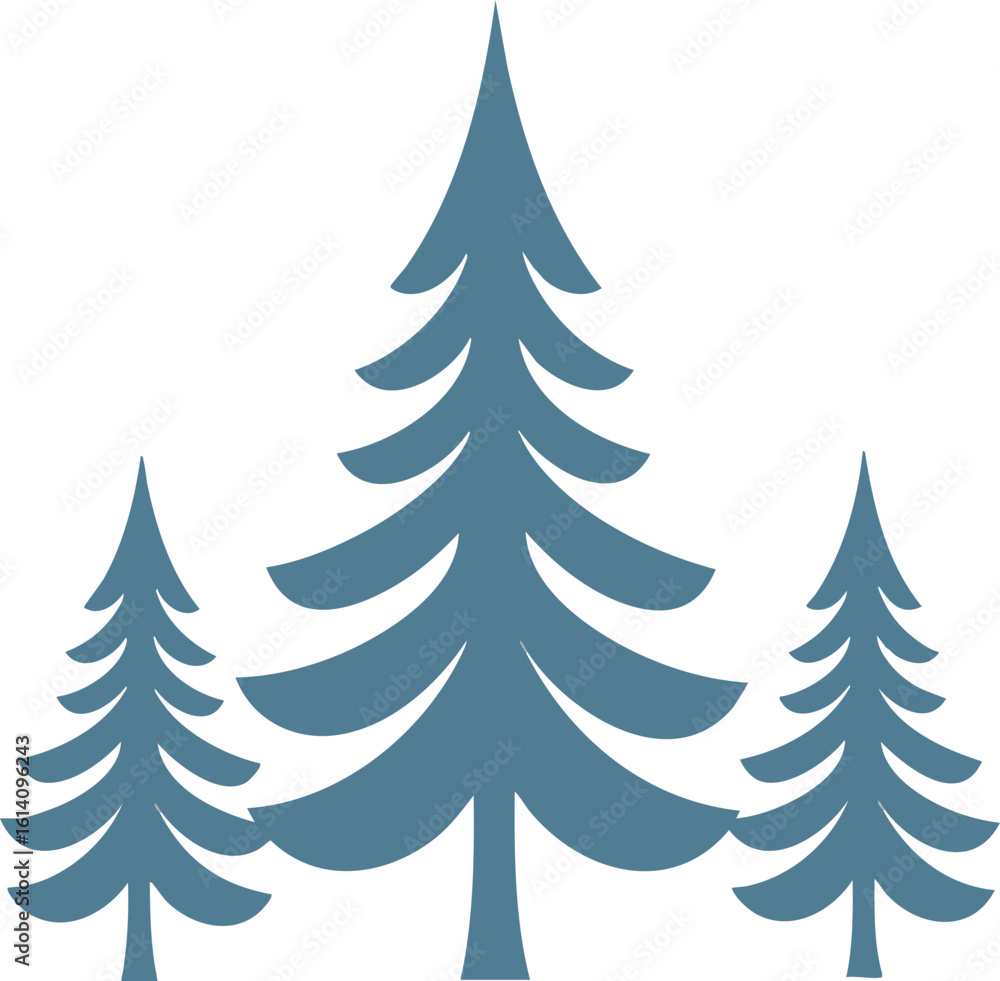Poster pine tree silhouettes vector with three blue evergreen fir trees in simple nature design