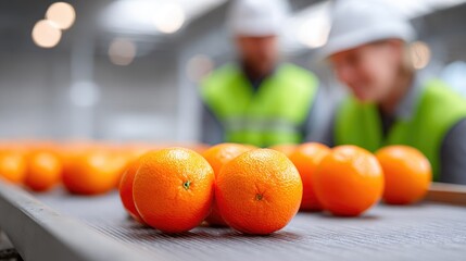Orange fruits on conveyor belt in food processing plant