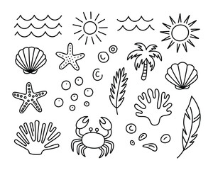 A collection of hand-drawn black line art summer icons. Doodle set with sun, sea, shell, crab, and palm tree.