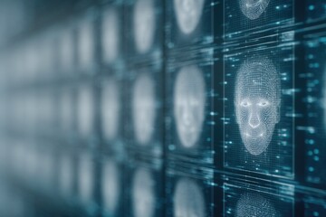 Digital faces on screen concept of facial recognition