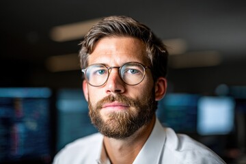 Business analyst in glasses working with data monitors