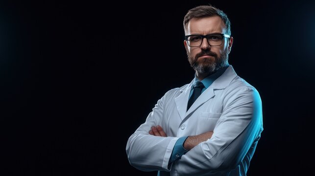 A stern-looking scientist with crossed arms, wearing a lab coat, posing. - Powered by Adobe