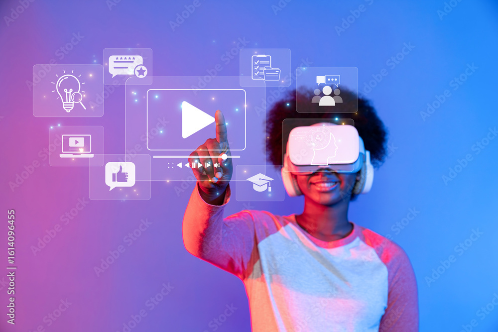 Poster explore the synergy of virtual reality and artificial intelligence in content marketing. this image 