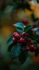 Photo of closeup of ripe red berries with water droplets on green leaves