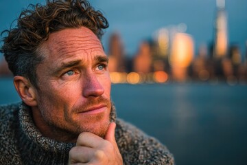 Pensive Man Looking into Distance at Dusk