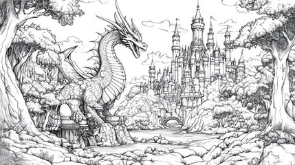 Dragon guarding fairytale castle, forest landscape, coloring book illustration