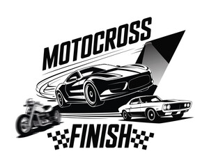 Dynamic Black and White Graphic Design with Motocross Theme, Cars, and Finish Line