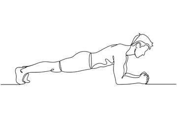 Continuous Line Drawing of a man is doing a plank exercise, isolated on white background