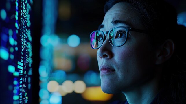 A woman wearing glasses intently studies a digital display, illuminated by blue light.