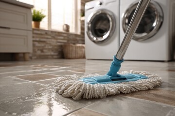 Cleaning Floor with Mop in Laundry Room
