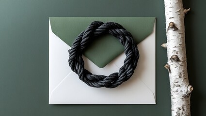 Minimalist Invitation Suite Design with a Braided Rope Circle, Kraft Paper, and Tree Branch

