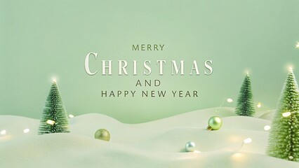 Minimalist Green Christmas Scene: Festive Miniature Trees, Ornaments, and Fairy Lights on Pastel Background