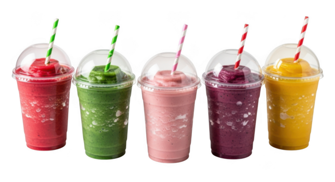 Five colorful fruit smoothies in plastic cups with straws, isolated on transparent background