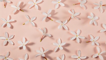 Pastel Pink Background with Delicate White Jasmine Flowers: Flat Lay, Minimalist, Floral Pattern, Spring, Summer, Beauty, Spa, Feminine, Elegant Design.