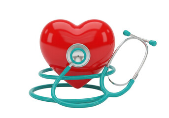 Red heart with teal stethoscope isolated on transparent background