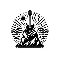 Electric Guitar on Mountain Peak with Sun and Stars.