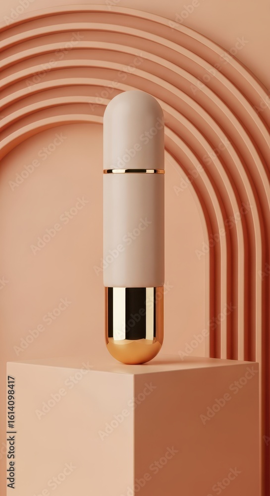 Poster minimalist product display features a cylinder on a cube with an arched backdrop