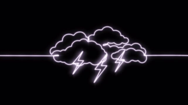 Video. Continuous neon editable pattern thunder cloud and Lightning. The concept of sadness in inclement weather, depression, stress. Animation on a black background 4K.