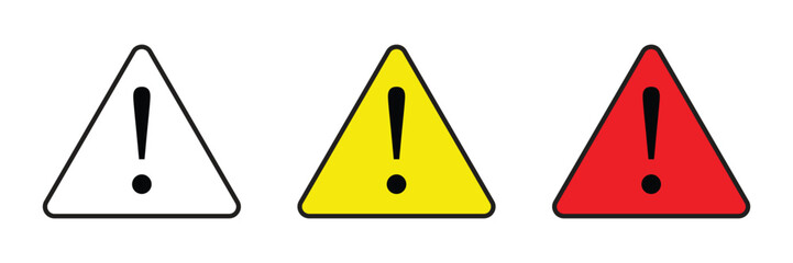 Triangle Warning Sign Icons Set – Red, Yellow, and White Alert Symbols with Exclamation Mark for Caution and Hazard Labels