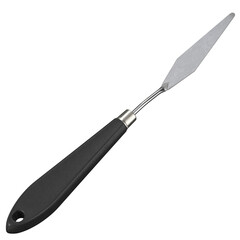 High-resolution image of a professional metal palette knife with a black ergonomic handle. Perfect for art supply mockups, design presentations, product catalogs, or educational content. Isolated on a