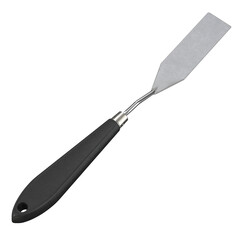 High-resolution image of a professional metal palette knife with a black ergonomic handle. Perfect for art supply mockups, design presentations, product catalogs, or educational content. Isolated on a