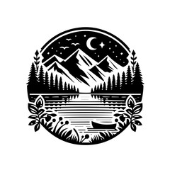 Serene Mountain Lake at Night with Canoe.