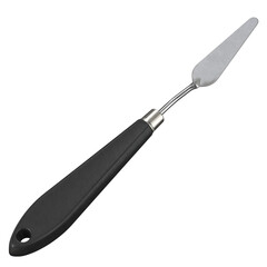 High-resolution image of a professional metal palette knife with a black ergonomic handle. Perfect for art supply mockups, design presentations, product catalogs, or educational content. Isolated on a
