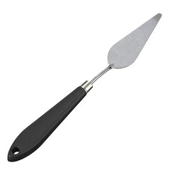 High-resolution image of a professional metal palette knife with a black ergonomic handle. Perfect for art supply mockups, design presentations, product catalogs, or educational content. Isolated on a