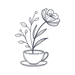 Cute line art flower in teacup illustration with floral accents