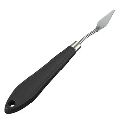 High-resolution image of a professional metal palette knife with a black ergonomic handle. Perfect for art supply mockups, design presentations, product catalogs, or educational content. Isolated on a
