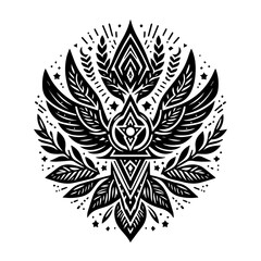 Fototapeta premium Stylized Black and White Winged Emblem with Geometric Design.