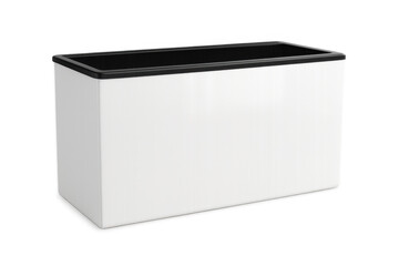 Studio shot of a modern white rectangular flower pot with black rim, isolated on transparent background