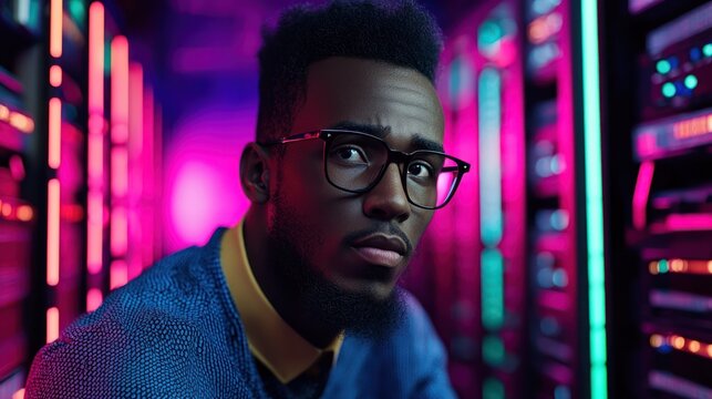 A focused young man in glasses sits amidst brightly lit server racks, contemplating technology. - Powered by Adobe