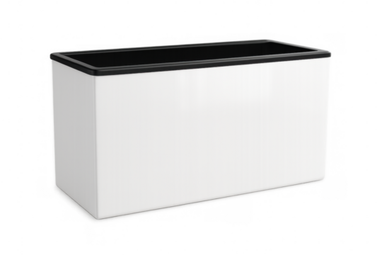 Studio shot of a modern white rectangular flower pot with black rim, isolated on transparent background